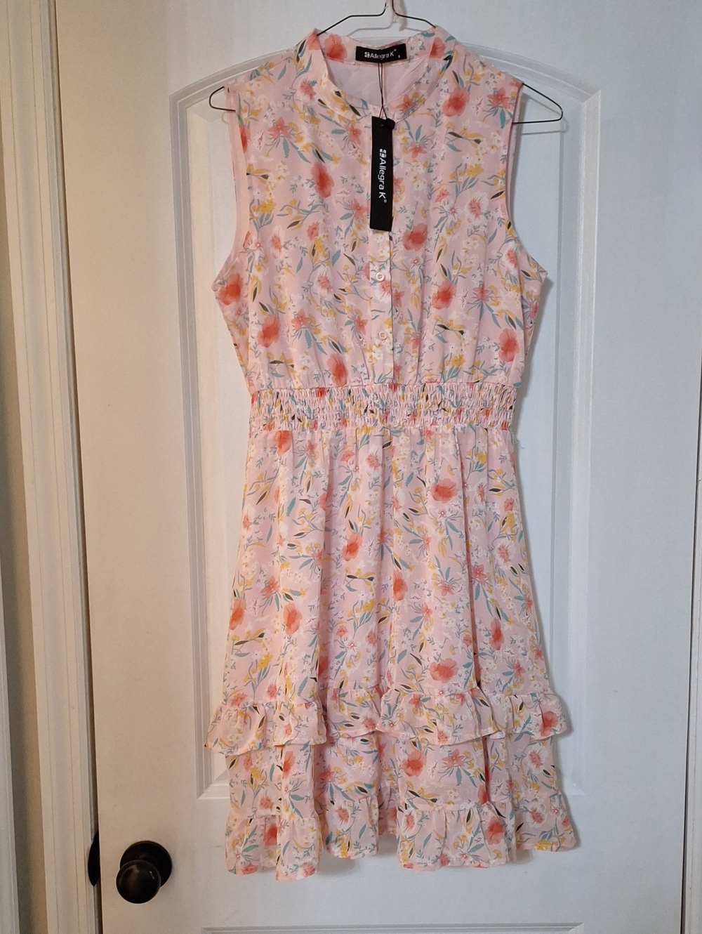 Allegra K Pink Floral Sleeveless Tiered Sundress